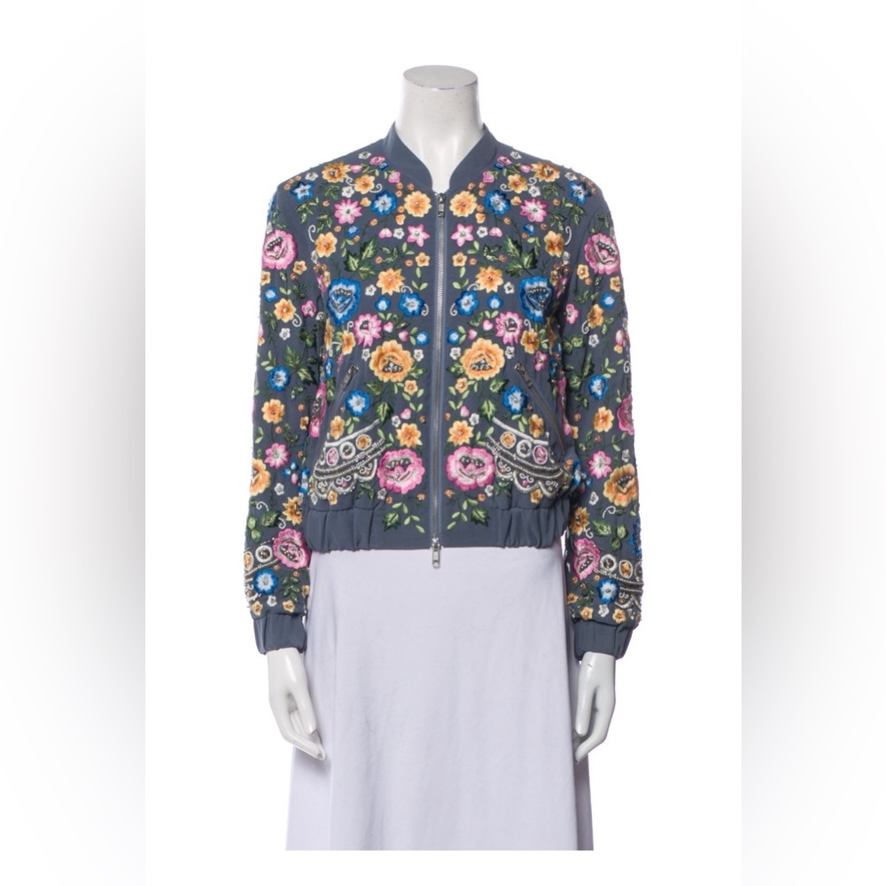 Needle & Thread Beaded and Embroidered Bomber Jacket in Steel Blue Size 8